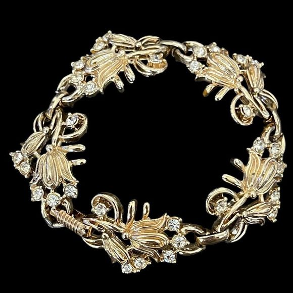 Vintage Gold Tone Tulip Flowers Clear Rhinestone Bracelet 7” Length - Picture 1 of 7